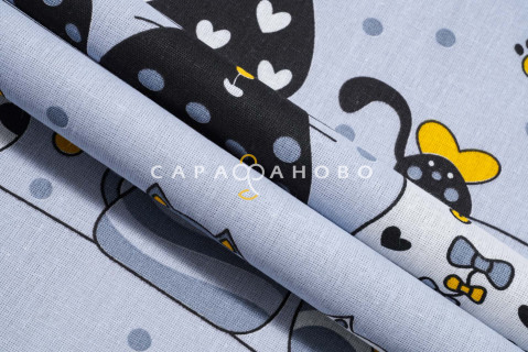 Ткань Бязь 150 см. Коты серые с желтым о/м рис. 7206/3